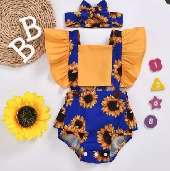 unknown Other - Baby girl sunflower romper jumpsuit+headband set